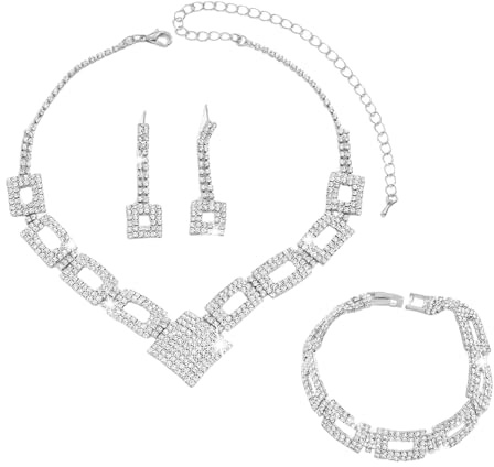 XFSRG Joyería Mujer 3 Piezas Conjunto Collar en V Pulsera y Pendientes con Strass Acabado en Plata Ideal para Bodas Noches y Looks Elegantes (Plateado)