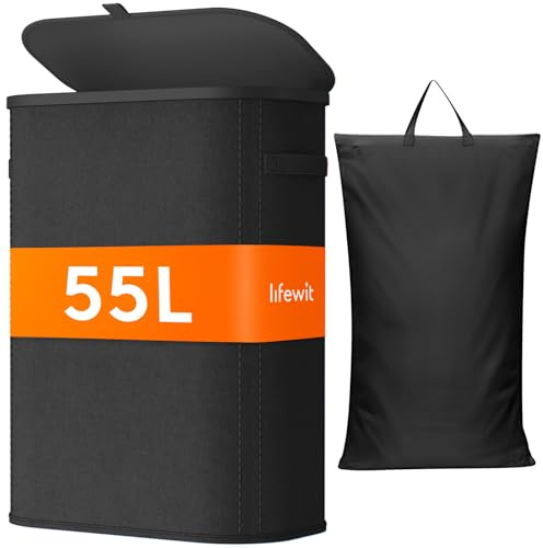 Lifewit 55L schmaler Wäschekorb mit Deckel, Schwarz | Schlanke faltbare Wäschebox mit herausnehmbarem Wäschesack und Tragegriffen für kleine Bäder, Schlafzimmer und Waschküche