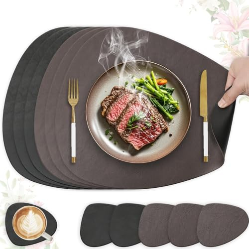 RSWDE Tischsets Abwaschbar aus Leder,6er Platzsets mit Untersetzer,Doppelseitigen und Hitzebeständig,rutschfest Platzdeckchen,Wasserdicht Tischset(Oval,Schwarz+Dunkelgrau)
