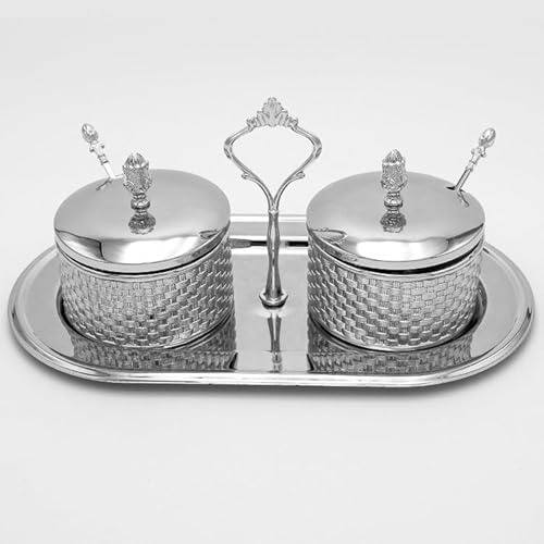 2 - Aufbewahrungsgläser mit Deckel und Löffel inkl. Serviertablett Tischdeko, Zuckerdosen mit Deckel und Löffel – für Frühstückstisch, Snacks, Marmeladenglas, Gold und Silber Modell HM6498H (Silber)