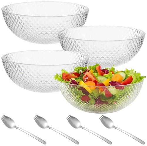 Ciotole da portata in plastica trasparente, 4 pezzi, 3,4 g, grandi, insalatiere con struttura trasparente, ciotola per frutta in plastica, con 4 forchette in acciaio inox, infrangibile, impilabile