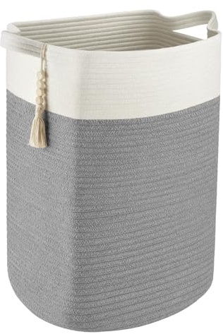 M.J COMFY-LIFE Cotton Rope Storage Basket, Collapsible Woven Organizer Bins for Home, Nursery, Office – Multipurpose Toy, Blanket, Laundry Hamper with Handles (Grey)