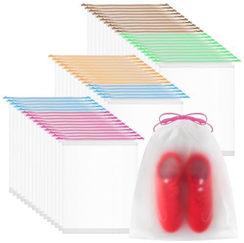 50 Pack Shoe Bags for Travel, 15.7 x 11.8 Large Clear Travel Shoe Bag with Colorful Drawstring Vacation Essentials Cruise Essentials Portable Drawstring Packing for Men & Women