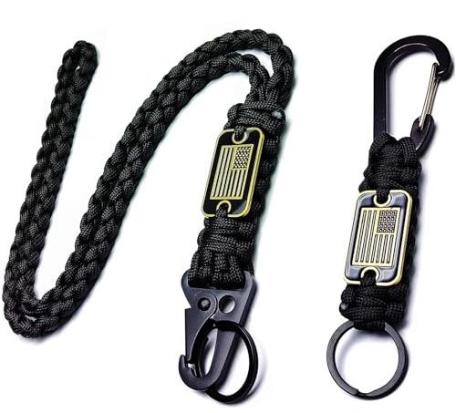 Paracord Schlüsselanhänger und Halsband 2-in-1, Stabile 300 lb Tragkraft mit 3D US-Flagge Design, Schwarz-Bronze Farbkombination, 50 cm Erweiterbar auf 80 Zoll, Ideal für Alltag und Outdoor