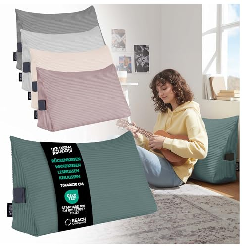 DreamRoots Cuscino Schienale per Letto, Testata e Divano - Cuscino da Lettura Triangolare Testiera Letto Matrimoniale, 70x40x20 cm Velluto a Coste 380 g/m², Fodera Amovibile e Lavabile Blu