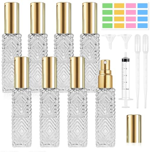 DONQL 8 Stück Parfümzerstäuber Glas, 13ml Parfum Zerstäuber für Unterwegs | Parfüm Abfüller enthält Tropfer, Trichter, Spritze und Aufkleber, für Reisen, Handtaschen, zum Mitnehmen, Portionieren