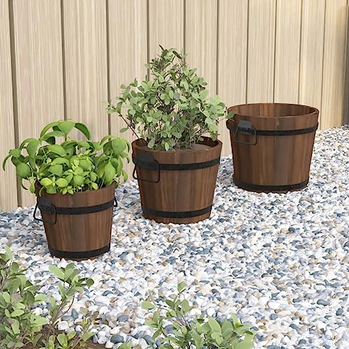 HaoChrymec Ensemble de Jardinières 3 Pièces,Pots de Fleurs en Bois de Sapin Massif avec Finition Brûlée,Design avec Poignées Métalliques et Trou de Drainage,Naturel,Ø21x17 cm