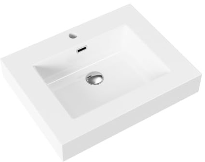 Belvit Lavabo rectangulaire en fonte minérale, trou central pour robinet, avec trop-plein, montage de meubles ou de pose, surface facile d'entretien, design moderne, blanc brillant, 80 cm de large, 80