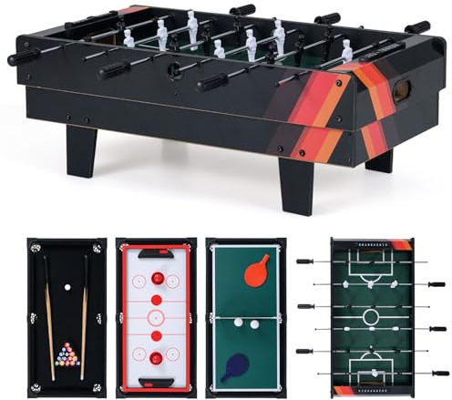 COSTWAY 4-i-1 Spelbord, Multifunktionellt Bord för Kicker Bordtennis Biljard och Lufthockey, Robust Träspel för Lekrum Barer Barn och Vuxna