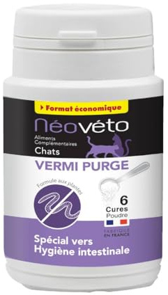 Néovéto - Vermipurge Format éco - Vermifuge pour Chat en Poudre Naturelle - Actifs agréés par Les Services Vétérinaires Français - Fabriqué en France - Facile à administrer (Chat Poudre 60g éco)