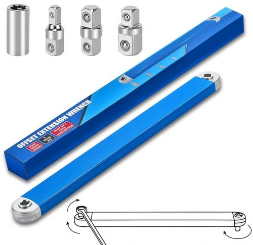 5 Pièces Clé à Cliquet Offset avec Rallonge Adaptateurs 3/8, 1/4 et 1/2, Clé d'Extension Offset, Extension Wrench Décalé pour Moteur, Coffret Cliquet 1/2 pour Mécaniciens, Artisans de Garage, 39cm