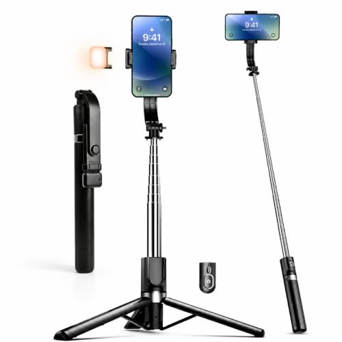 Perche à Selfie Trépied 170cm avec Éclairage LED et Télécommande Bluetooth, Stabilisateur Smartphone Aluminium Extensible pour iPhone Samsung GoPro, Support Téléphone Portable Rotatif 360°