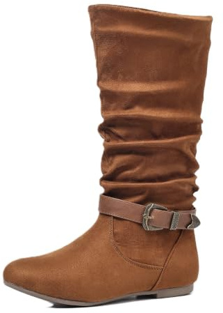 Slouchy rynkade knähöga stövlar för kvinnor platta western cowboy ridstövlar | med spänne nit rem dekor vardagliga höga vinterstövlar för semester fest shopping gatustil födelsedag
