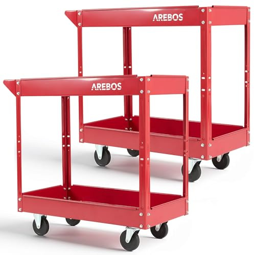 Arebos Workshop Trolley Set of 2 | Tool Cart with 2 Shelves | Sturdy Steel Construction | Load Capacity up to 100 kg | Mobile Transport Cart for Workshop, Garage & DIY