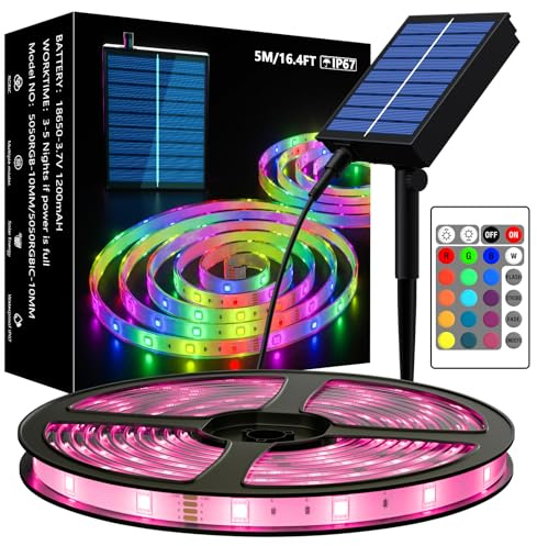 Ubanner Solar LED Strip Outdoor, 5M SMD 5050 LED Lights, Solar Powered RGB Colour Changing LED Strip, IP67 Waterproof Decorative Fairy Lights for Yard Trees Garden