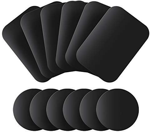 MENNYO Calamita per Cellulare Auto [12 Pezzi], Placche Metallo Universale Adesivo per Porta Cellulare Auto/Supporto Telefono Magnetico - 6 Rotondi e 6 Rettangolari