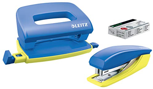 Leitz Urban Chic Mini-Heftgerät und -locher im Set, Für bis zu 10 Blatt, Inkl. Heftklammern, Blau, 55996032