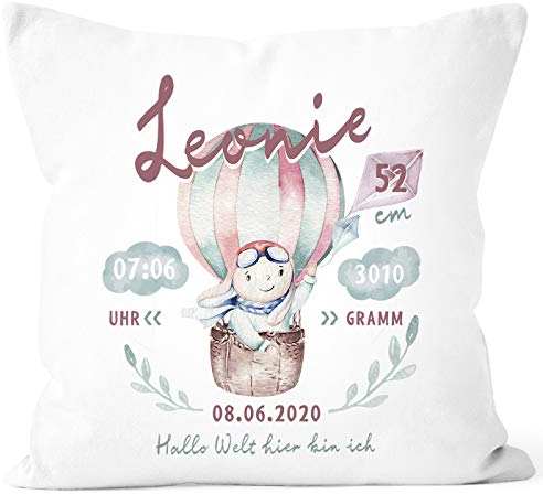 SpecialMe® personalisierbares Kissen zur Geburt Hase Heißluftballon Geburtskissen mit Name Geschenk Geburt Baby Mädchen weiß 40cm x 40cm