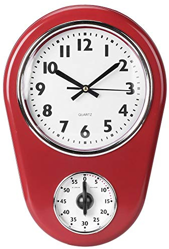 HERCHR Kitchen Time Wanduhr, Kurzzeitwecker Wanduhr Retro, Retro-Küchenuhr, Küchenuhr Wand Küchenuhr Küchenuhr Funkuhr Wanduhr, 60-Minuten-Timer Für Home Living Room Red