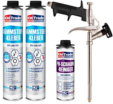 SET Dämmstoffkleber 2 Dosen 750ml Klebeschaum Perimeterkleber Kleber für Dämmung + 1 Reiniger + 1 Schaumpistole