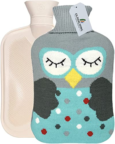 OliviaLiving Wärmflasche, 2 Liter, Wärmflasche, zum Aufheizen und Aufkühlen, mit Strickbezug zur Schmerzlinderung, Wärme-Kältetherapie, Cartoon-Eule (Blau)