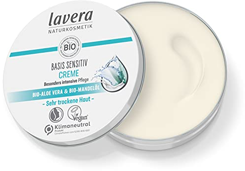 lavera Basis Sensitive Creme – Feuchtigkeitscreme mit Bio Aloe Vera & Bio Mandelöl – Intensive Pflege für trockene Haut – Feuchtigkeitsspendende Gesichtscreme – PETA-zertifiziert – 150 ml