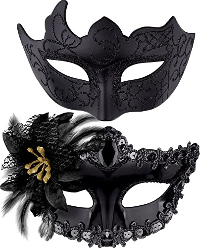 SIQUK 2 Pièces Masque Vénitien Couple Femme Homme Bal Masqué pour Les Yeux pour Halloween Mascarade Carnaval, Noir
