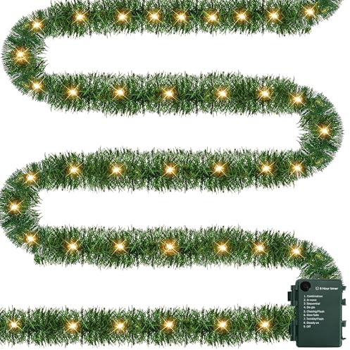 Dazzle Bright 15 FT Artificial Christmas Garland, Pre-Lit 50 LED Mini String Lights Battery Operated Xmas Garland, Lighted Christmas Decoration for Indoor Holiday Door Home Stairs Decor, Warm White