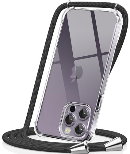 CAROKI Crossbody Case for iPhone 14 Pro Max 6.7, Clear TPU Protective Cover with Integrated & Adjustable Black Lanyard Necklace Strap, Secure Anti-Drop Shockproof Phone Case for Women & Men