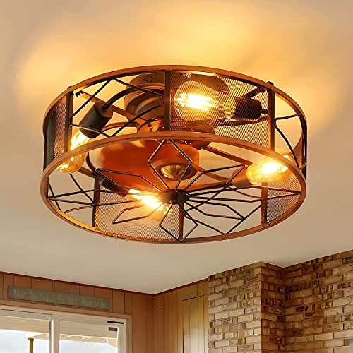 Ventilatori Da Soffitto Silenziosa Con Illuminazione e Telecomando Plafoniera Gabbia in Retrò Fan Ceiling light industrial Vintage Ventilatore da Soffitto con Luce (B 50 * 50 * 19cm E27)