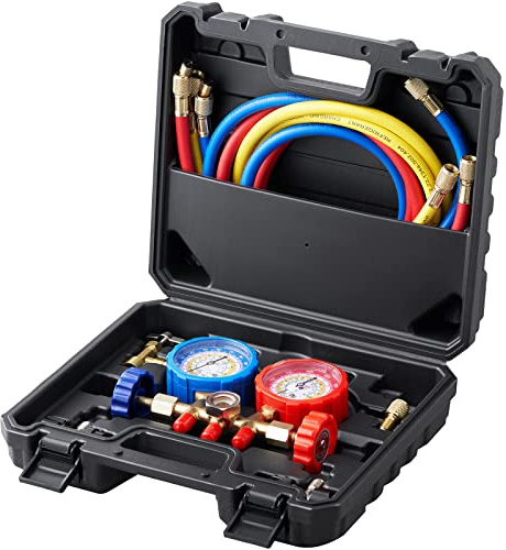 VEVOR Juego de Manómetros 3 Vías para Carga de Refrigeración R134A R22 R12 R502 Manguera de 1,5 m Recarga de Refrigerante de con Manómetro y Adaptador Caja de Refrigeración para Refrigerante