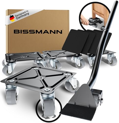 Bissmann® Möbelroller Set | Stabiler Möbelheber mit 4 Transportroller aus 100% Stahl | Schonende 1,5 Zoll PU Räder | Kinderleicht Möbel verschieben | 600kg Belastbarkeit