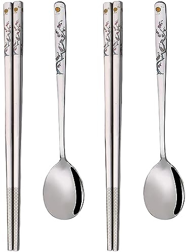 YAPULLYA Koreanisches Suppenlöffel und Essstäbchen-Set, langer Griff, 18/8 Edelstahl, mehrfarbig, Lasergravur, Essstäbchen und Löffel, Metall, wiederverwendbare Essstäbchen und Löffel, 3er-Set (Stil