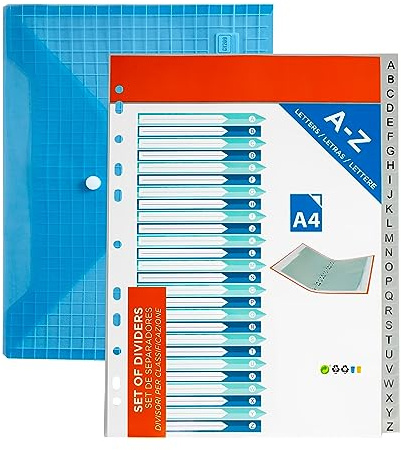 Divisori in plastica A4 (A-Z) inclusi su plastica. Divisori alfabetici DIN A4 per cartelle e raccoglitori con 2 e 4 anelli. Confezione da 26 divisori colore grigio Organizzatore indice alfabetico