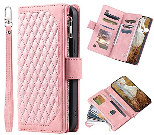Wuhaizher for iPhone 15 Case Flip Wallet Zip, Rose Gold | Phone Cover for Girls Women, Zipper Pocket, Shockproof Bumper Protection, PU Leather, Card Holder, Kickstand, Magnetic