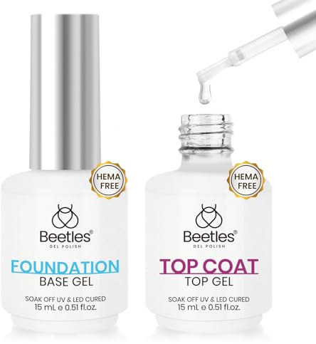 Beetles 2Pcs Gel Base and Top Coat Set No Wipe Upgraded Mild Formula Glossy UV Top & Base Coat Long Lasting Effect Soak Off No More Damaged Nails Gift for Women Girls