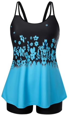 Hanna Nikole Tankini Set Weibchen Übergröße Tankini Bauchweg Badekleider Himmelblau Blume 46