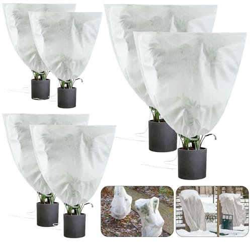 Panelee 8 Pcs Winter Garden Fleece Bags 60 x 60 cm 80 x 80 cm 100 x 100 cm Plant Fleece Frost Protection Jackets Potted Plant Protectors Cover with Drawstring for Shrub Horticultural Tree Fruit, White