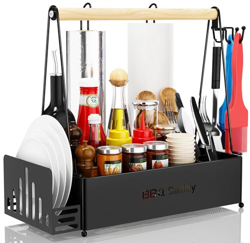 JBBTOOL Grill Caddy with 2 Paper Towel Holders, BBQ Caddy for Outdoor Grill, Picnic Condiment Utensil Caddy, Camping Essentials, RV, Tailgating, Grilling Accessories, Camping Kitchen, Gifts for Men