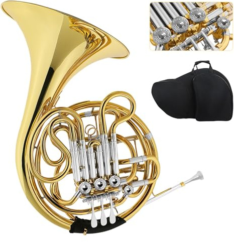 Double French Horn F/Bb 4 Keys Professional Gold Lacquered Brass Instrument with Case, Mouthpiece & Accessories for Students, Orchestras & Bands