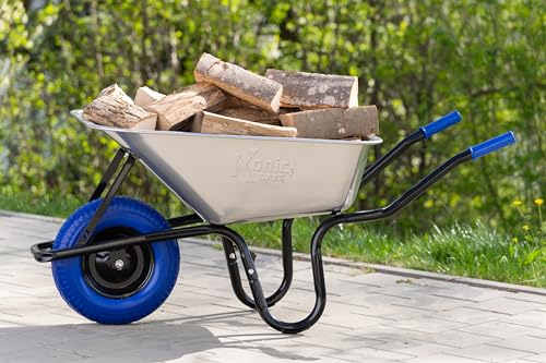 TIREX by xonic® Schubkarre mit Stahlfelge – Verzinkte Wanne bis 250kg/ 100l - Robuste Ausführung für Garten und Blau – Schieb-Karre mit PU Vollgummi-Rad - Dunkelblau- Silber