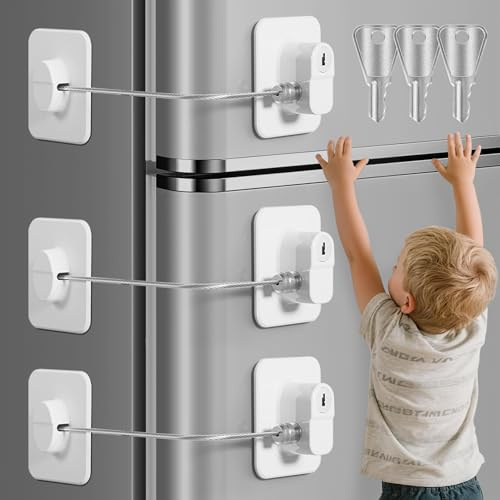 3PCS Fridge Door Lock Children Safety Window Safety Locks with 3 Keys, No Drilling Used in Freezer Doors, Window, Closets (White)