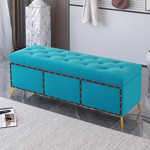 Moderne Schuhbank For Den Eingangsbereich Gepolsterter Samt Aufbewahrungshocker Getuftete Bettbank For Schlafzimmer Fußstützenhocker mit Goldenem Sockel Und Nagelkopfbesatz For Wohnzimmer(Color:Blue,S