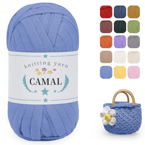 CAMAL 100g Tshirt Garn, Textilgarn zum Häkeln 8mm T-Shirt Garn zum Häkeln und Stricken für Körbe, Dick Polyester Bändchengarn zum Tasche, Haustierbett, Korb Häkeln - 40m (Himmelblau)