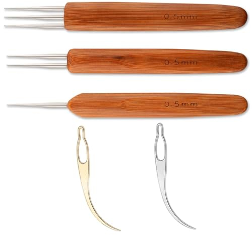 5-teiliges Dreadlock-Häkelset, Häkelnadel-Set mit Bambusgriffen, 3 Stück Dreadlock-Häkelnadeln aus Bambus (0,5 mm) und 2 Stück Haarverriegelungswerkzeug