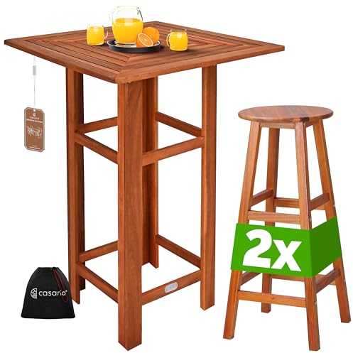 Casaria® Bartisch mit Hocker Set Outdoor Indoor Holz Akazie 110x75x75cm Wetterfest Rustikal Massiv Garten Balkon Terrasse Möbel Stehtisch 2X Barhocker