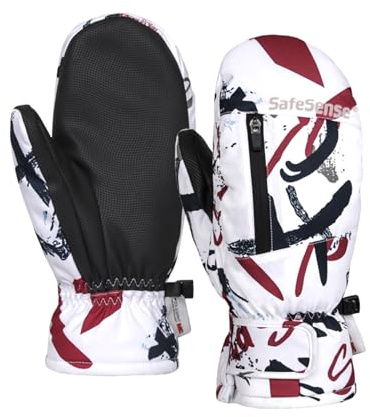 Safesense Skihandschuhe Fäustlinge Damen Herren sehr warm, Fausthandschuhe Snowboardhandschuhe Winter wasserdicht Abstract Doodles L