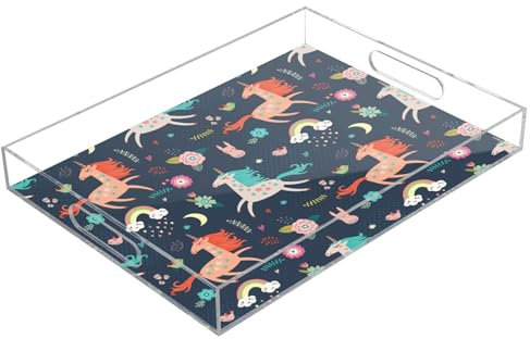 Cute Unicorns Acrylic Tray Rectangle Clear Serving Tray with Handles 12 x 16 Clear Trays for Serving Waterproof