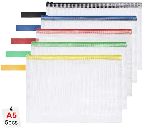 OFFCUP Dokutaschen A5 5St Reißverschluss 6Farben Wasserdicht Mesh | A5 Dokumentenmappe Datei Schule Büro Kunststoff für Papier Dokumente Kosmetika