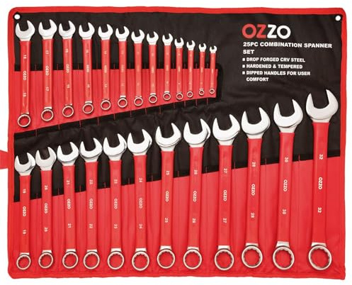 OZZO 25 Piece Combination Metric Spanner Set (6-32mm) | Open Ended & Ring Wrench Set with Storage Tool Roll | CRV Steel Heavy Duty Hand Tools | Soft Grip Dipped Handles